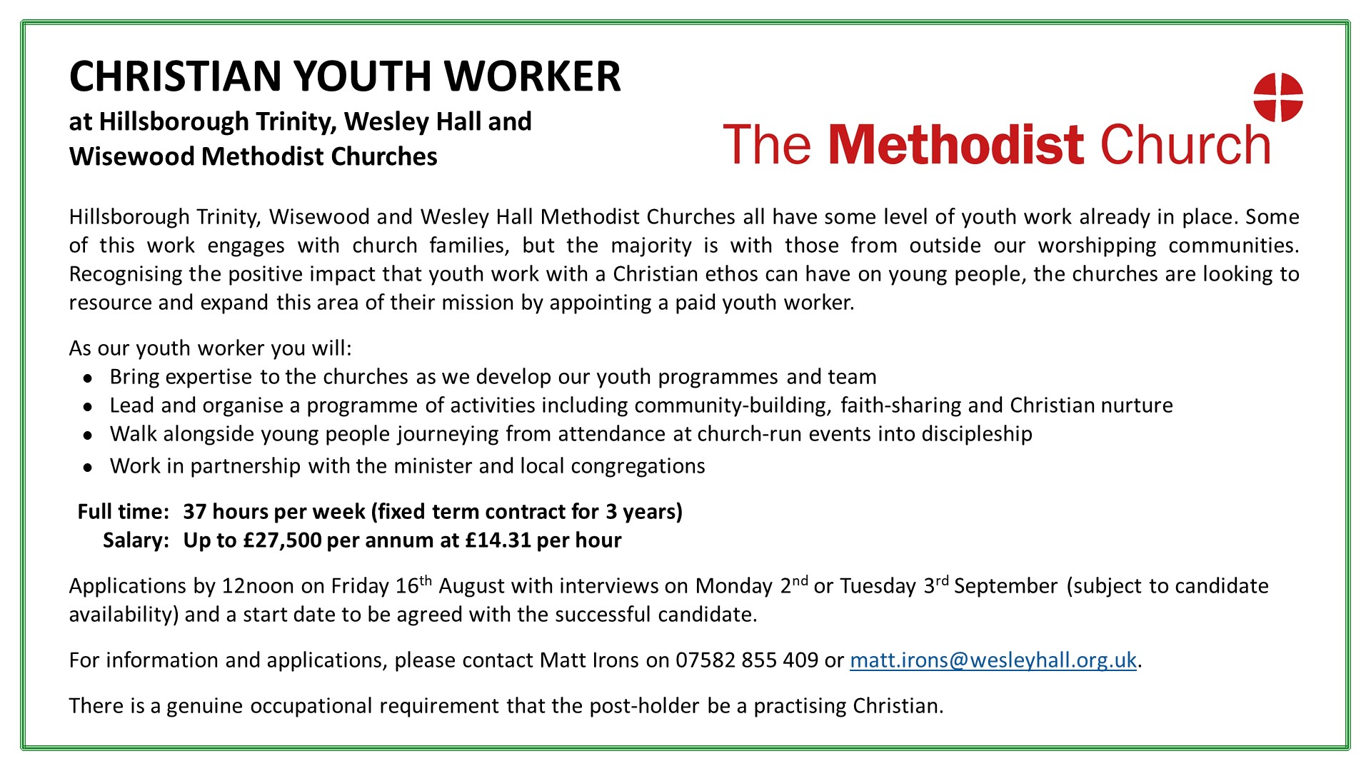 Christian Youth Worker Job Advert